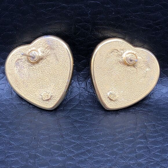 Vintage Rhinestone Heart Earrings Faux Pearl Gold Tone Posts 80s 90s Signed JS - Picture 2 of 7